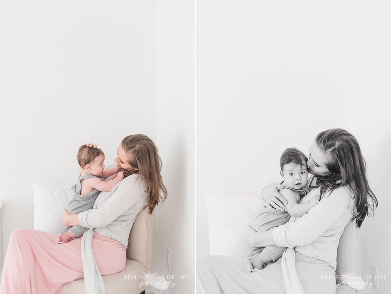 mom and baby on chair in white studio grimsby
