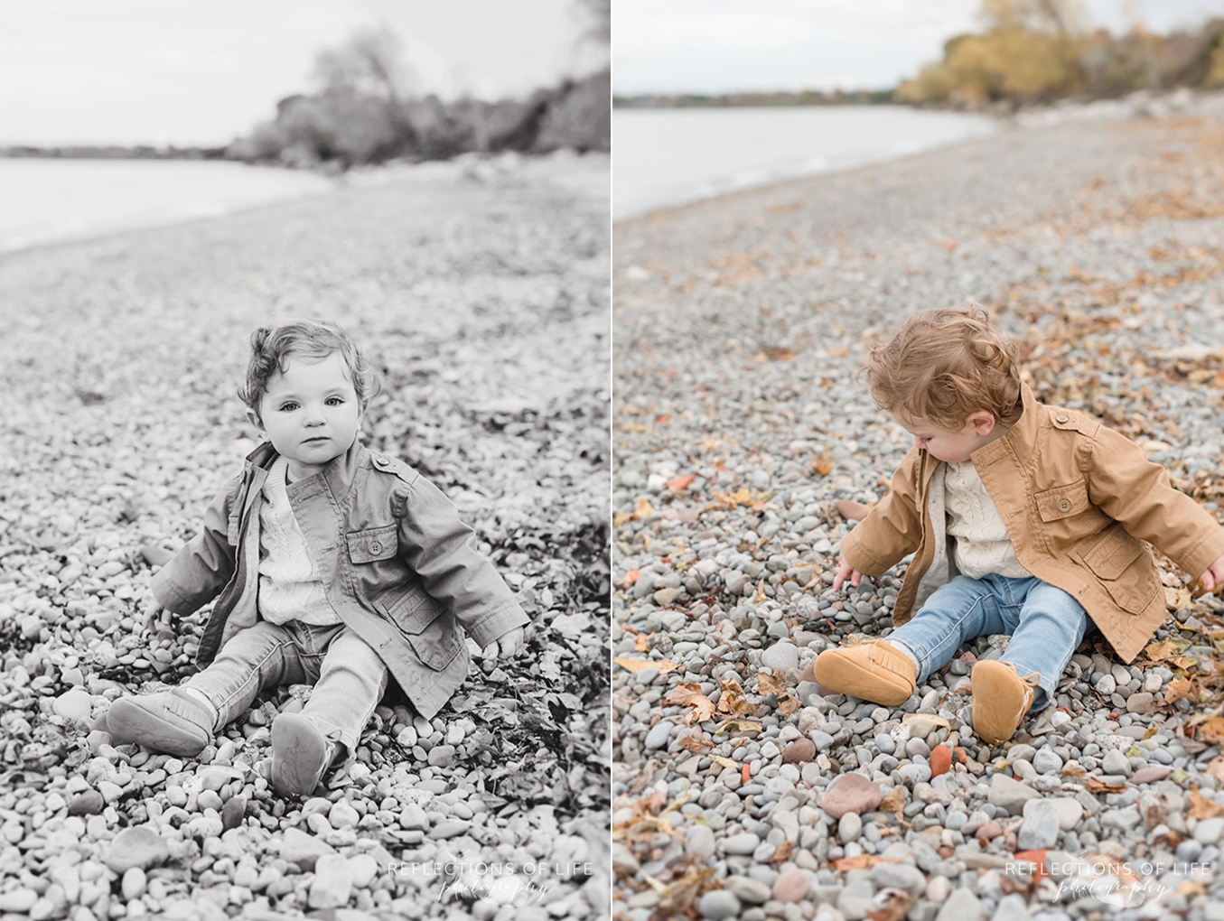 child sitting on beach looking at the rocks