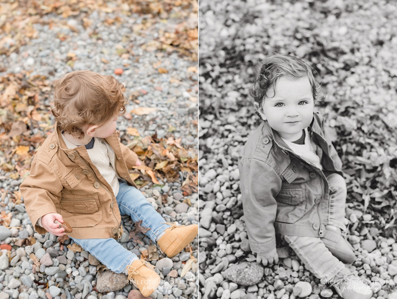 child looking at rocks and fall leaves