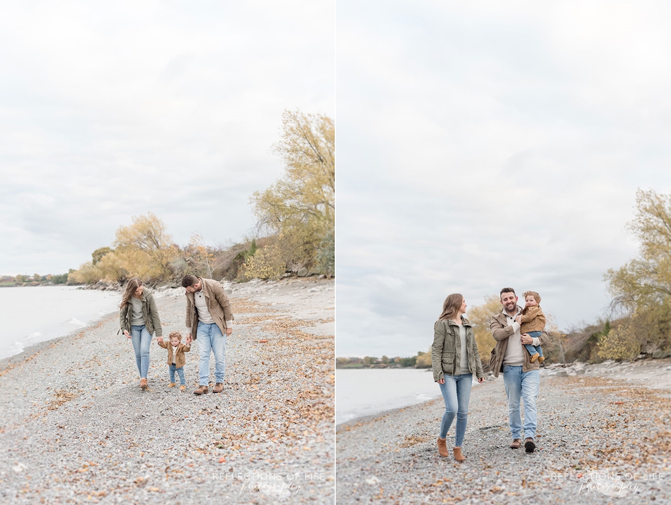family walking along grimsby beach