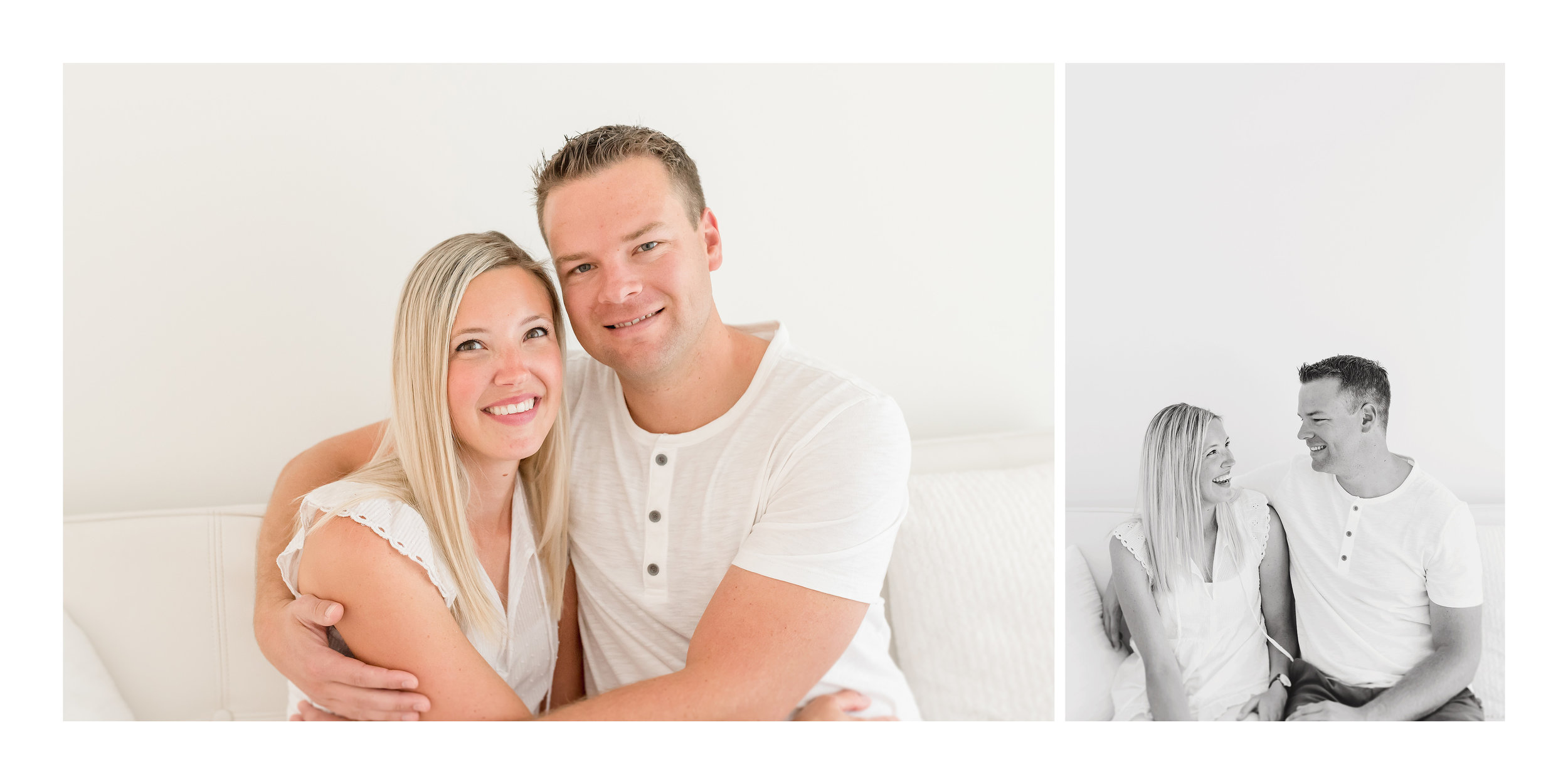 Husband and wife on white couch