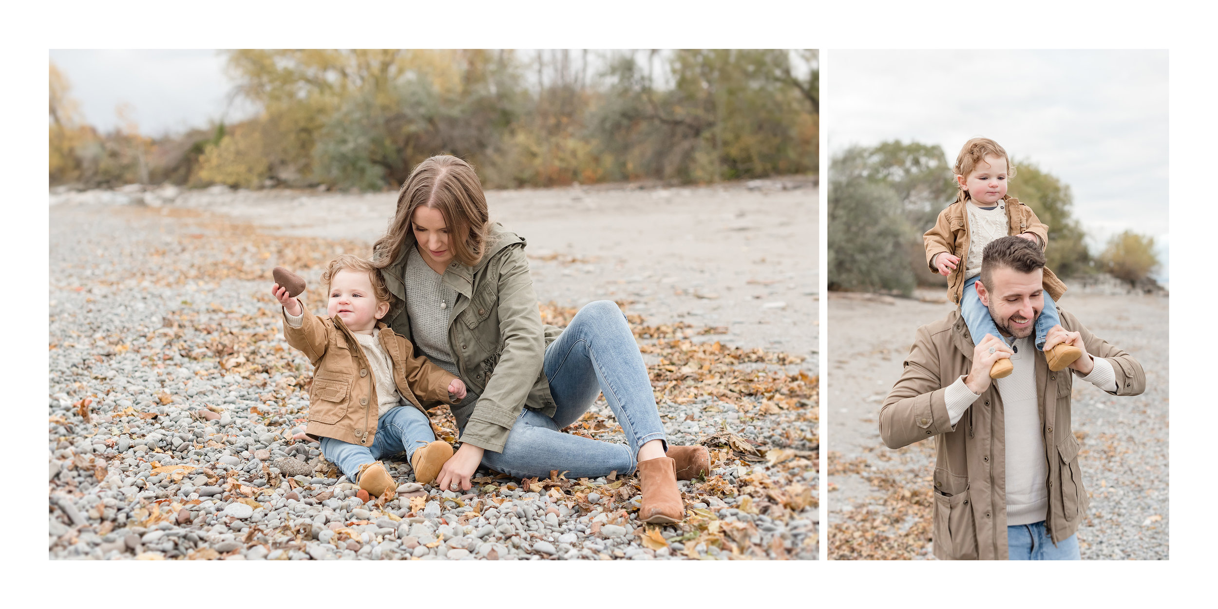 family playing with rocks on the beach