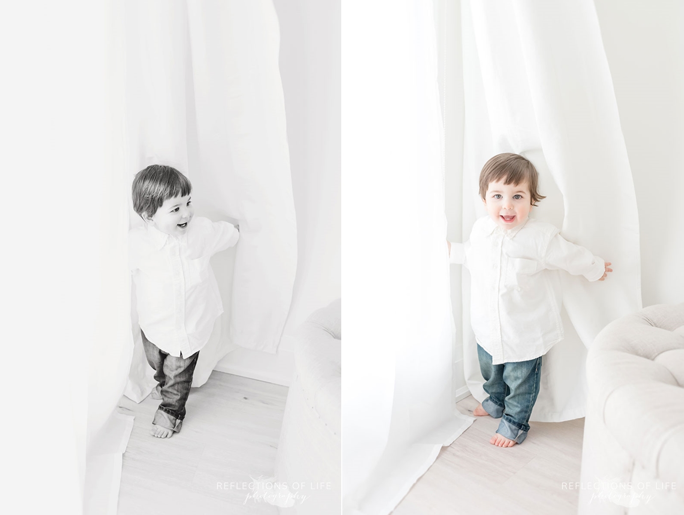 Little boy playing in curtains