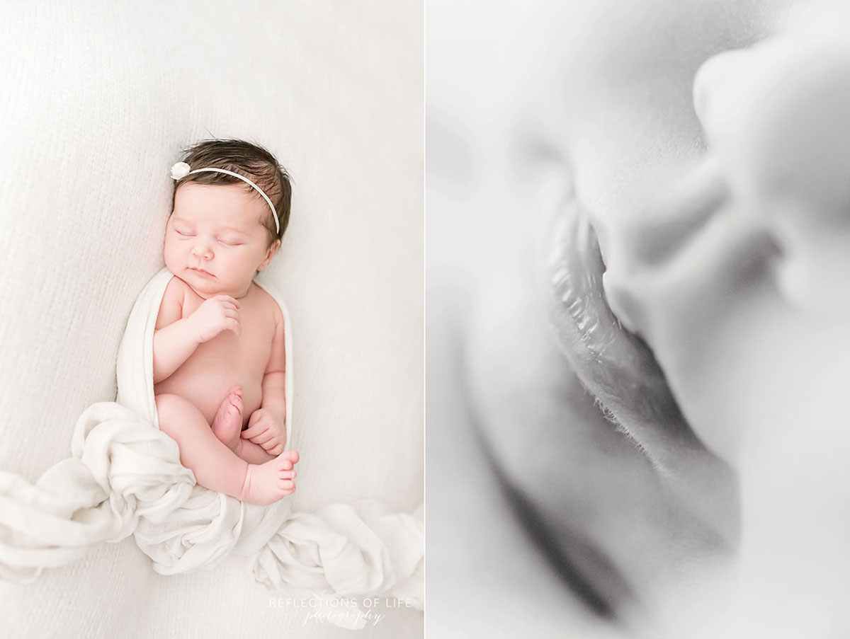newborn baby girl swaddled in white with macro shot of cute baby lips.jpg