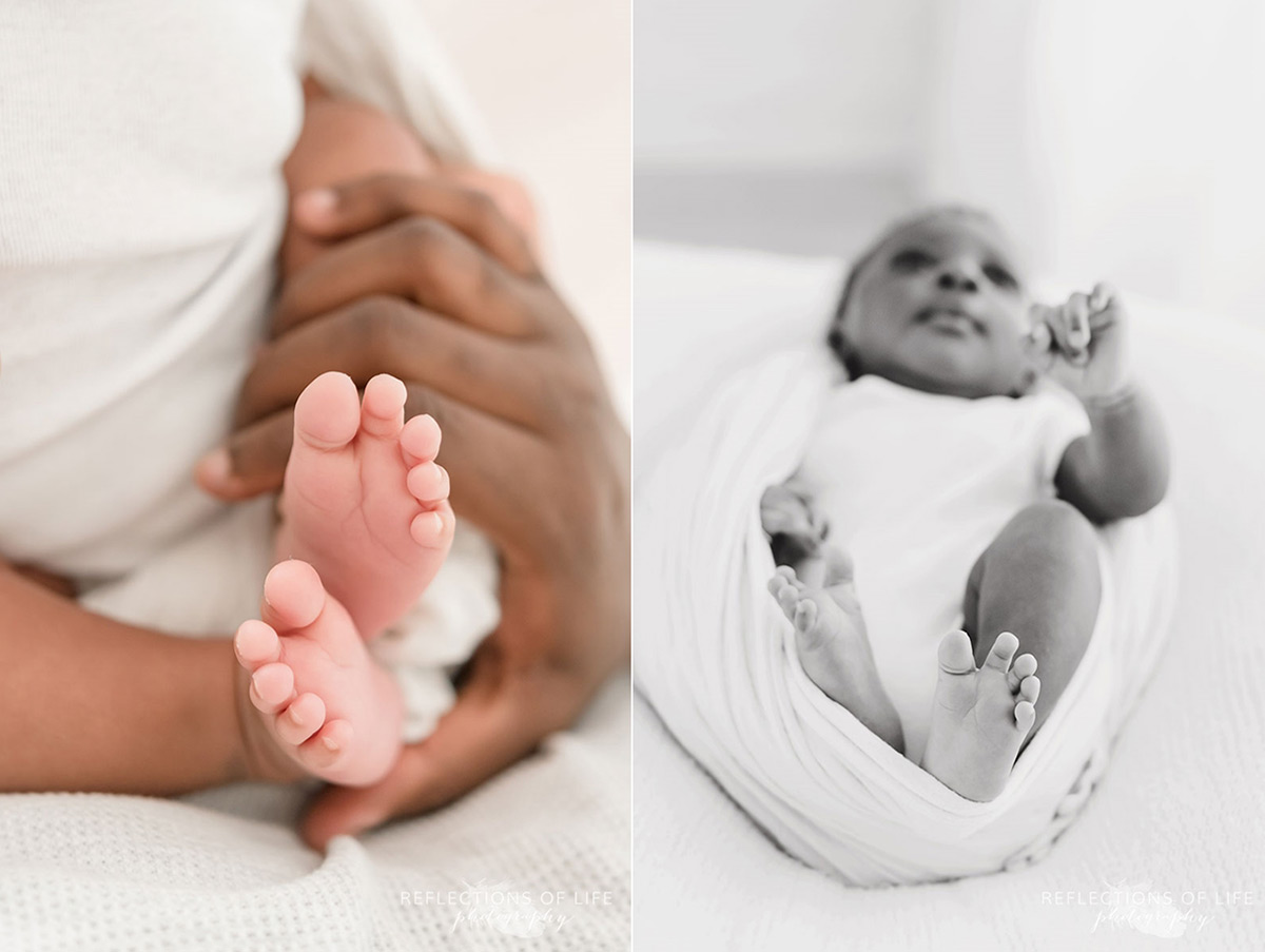 Little baby boy wrapped in white swaddle blanket