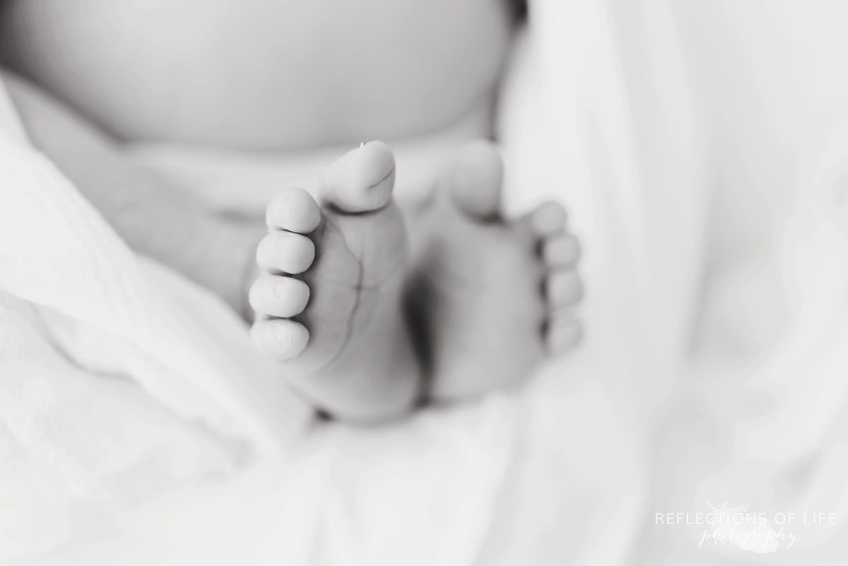 Baby feel closeup in black and white in Ontario