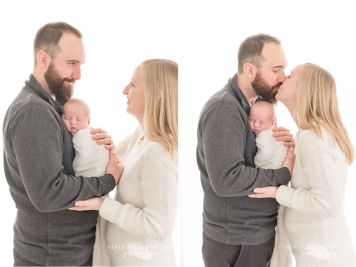 Two photos of cuddling family as mom and dad share a kiss in natural light studio