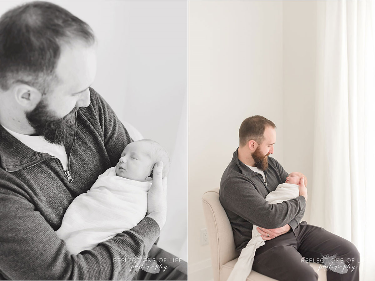 Two photos of dad watching his son sleep in black and white
