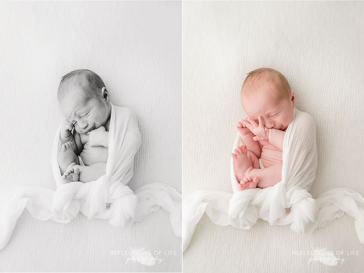 Newborn boy wakes from his long nap in two photos black and white