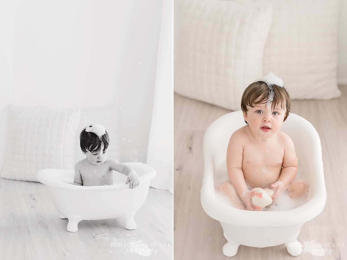 Two photos of little boy playing with bubbles in black and white.jpg