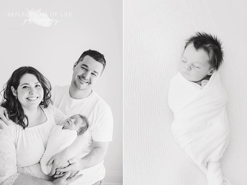 family of three smiles at the camera and a close up of newborn baby
