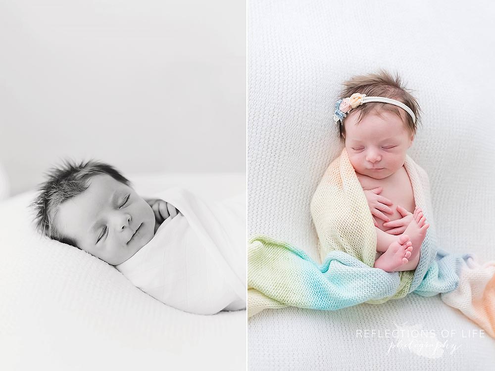 baby sleeps in rainbow scarf in black and white