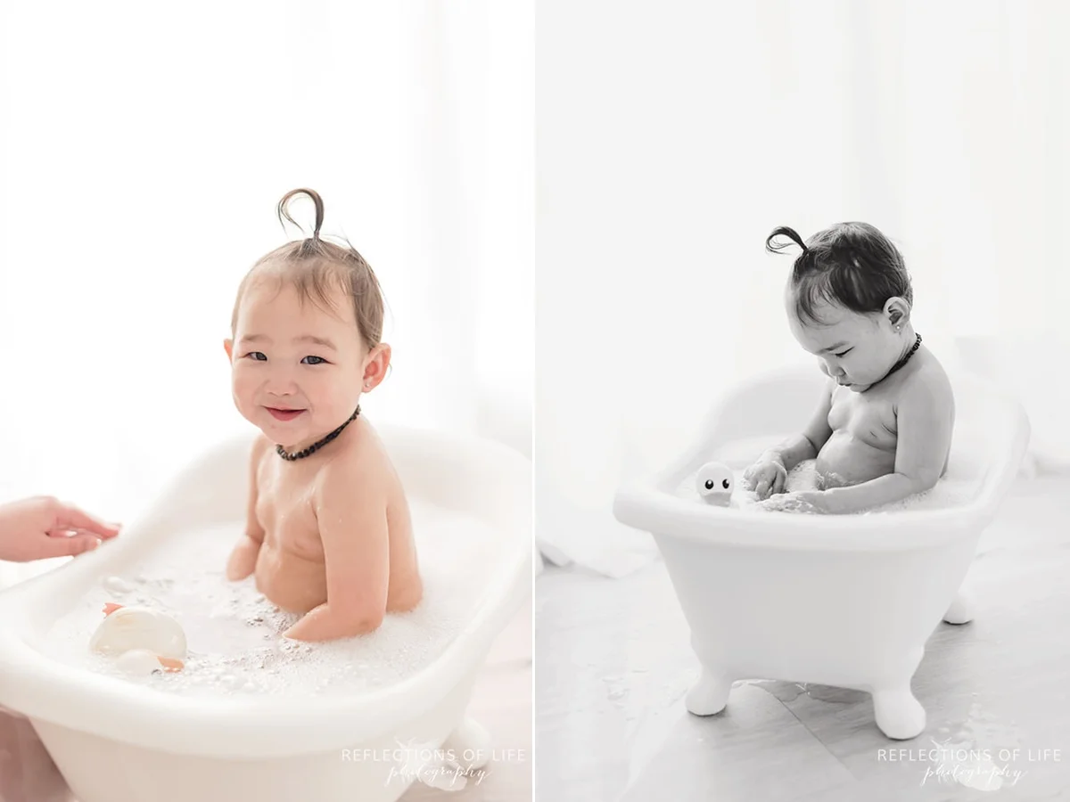 two photos of happy baby in the bath in black and white