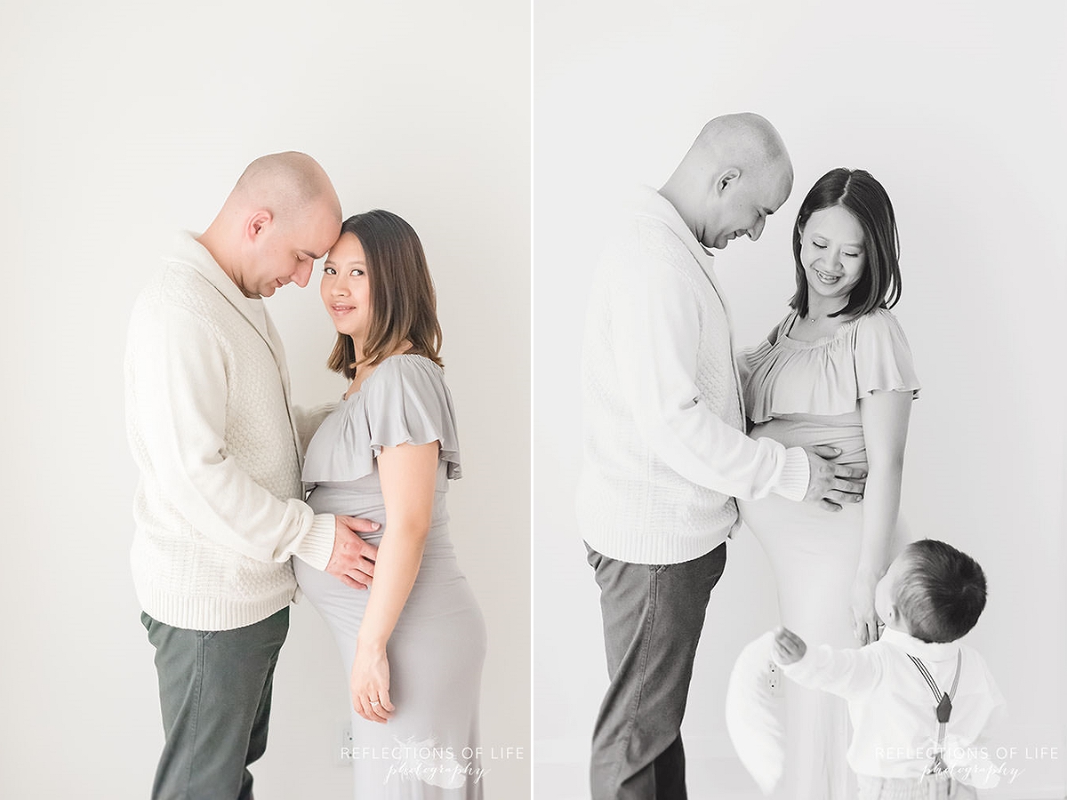 two photos of couple holding eachother and their son joining them to show them a feather