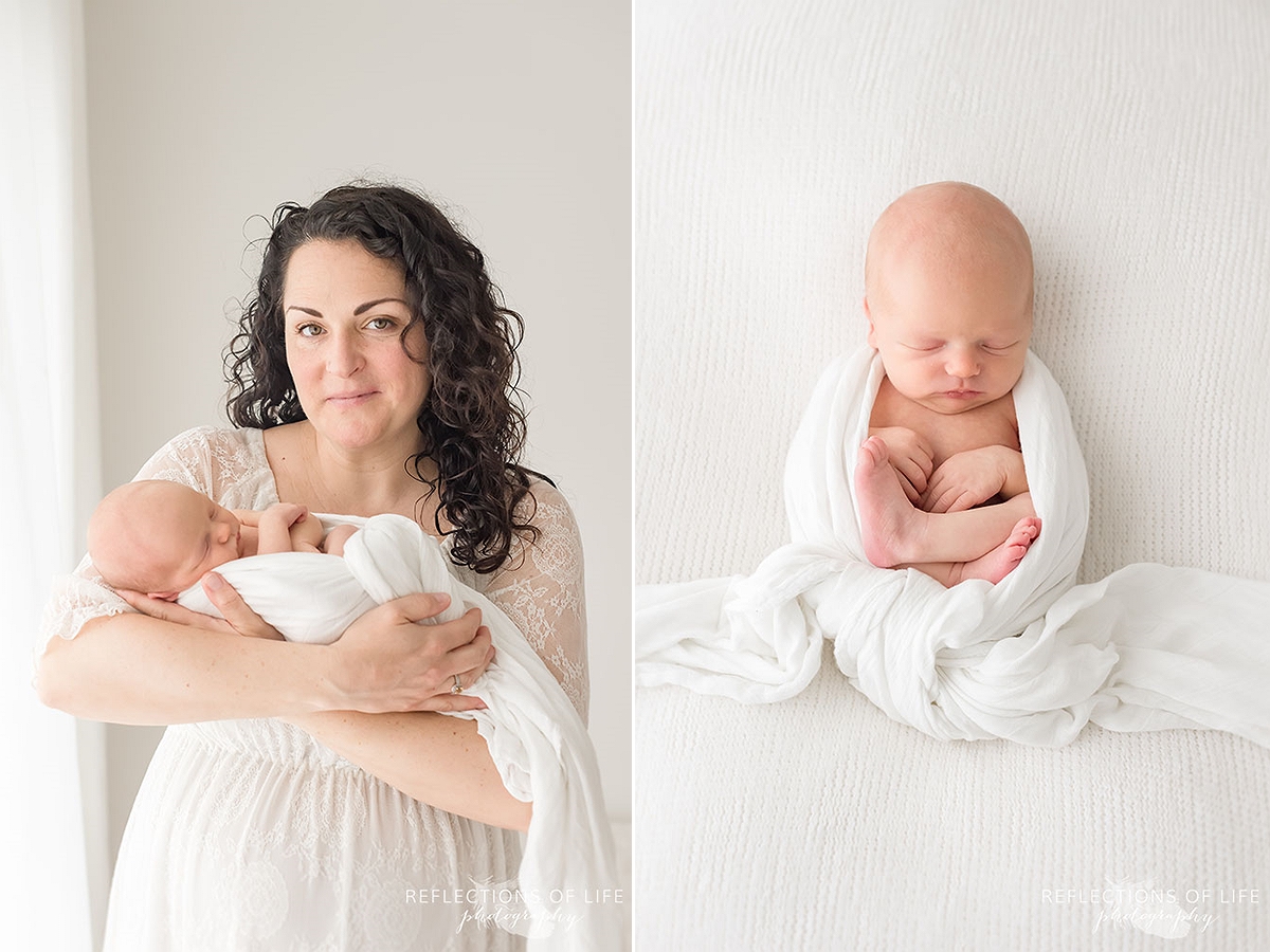 two photos of mama holding her baby and then baby swaddled in a cozy blanket