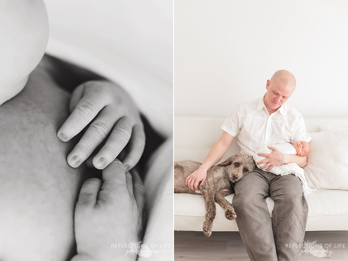 two photos of baby's fingers and father with his dog and baby in black and white