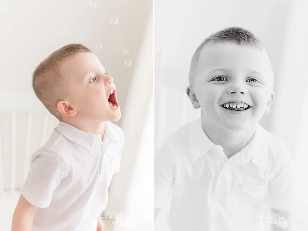 two photos of cute little boy playing with bubbles and him smiling in black and white