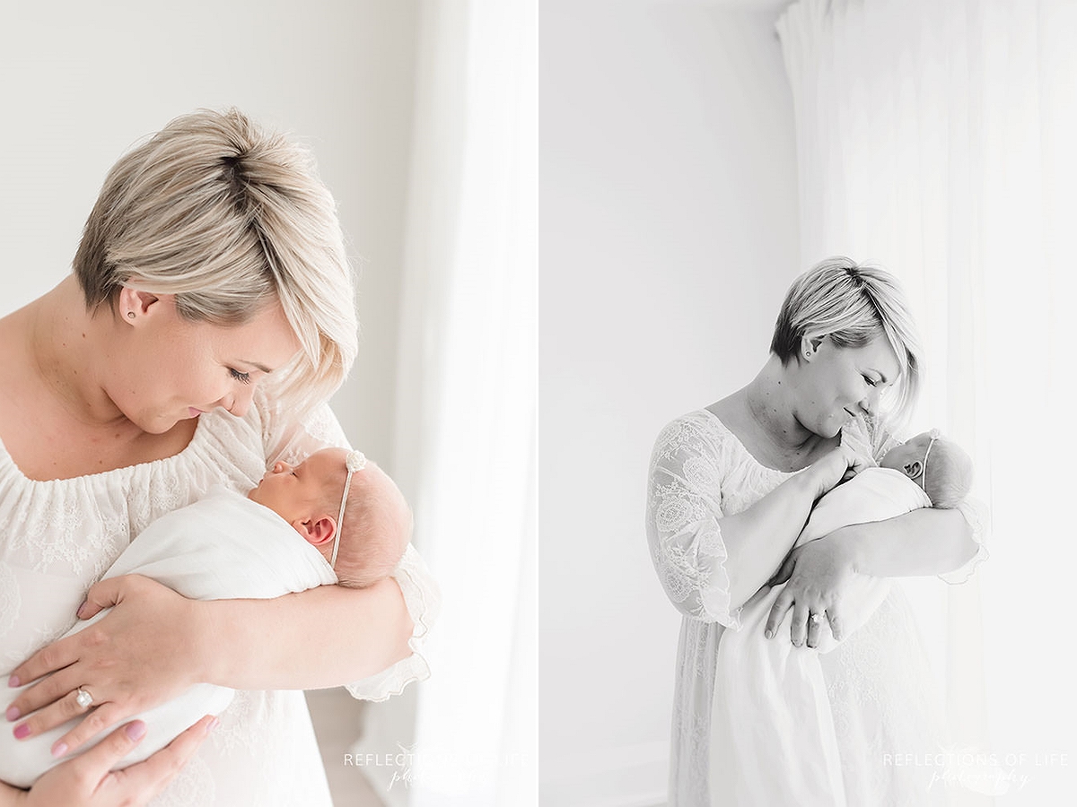 two pictures of mama holding her newborn baby girl in black and white and colour