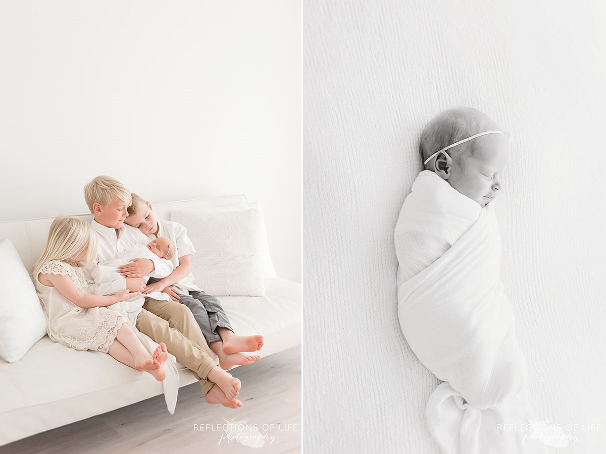 two photos of siblings sitting on the couch holding their sister and a close up of newborn sleeping in black and white