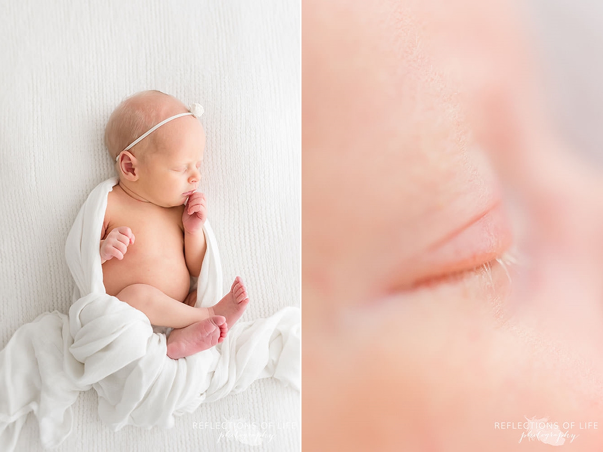 two photos of newborn baby girl sweetly sleeping in her blanket and a close up of her blonde eyelashes in natural light studio