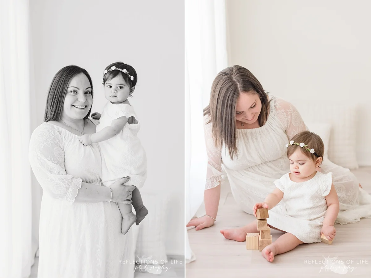 Two pictures of mama holding her baby and her playing blocks in black and white