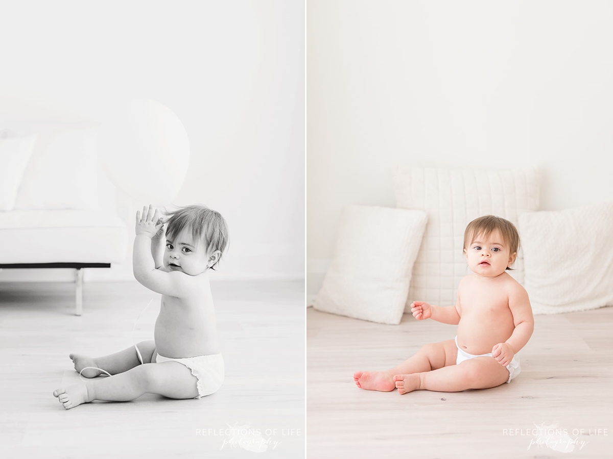 two photos of baby playing with a balloon in black and white