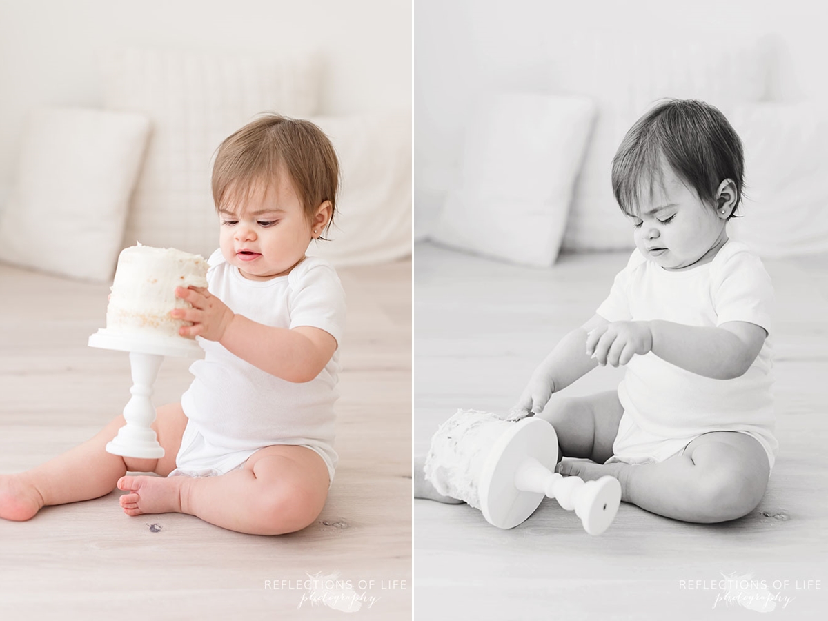two photos of baby playing with her cake and then dropping it