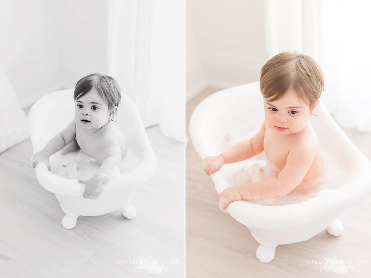 two photos of baby trying to stand up out of the bathtub in black and white