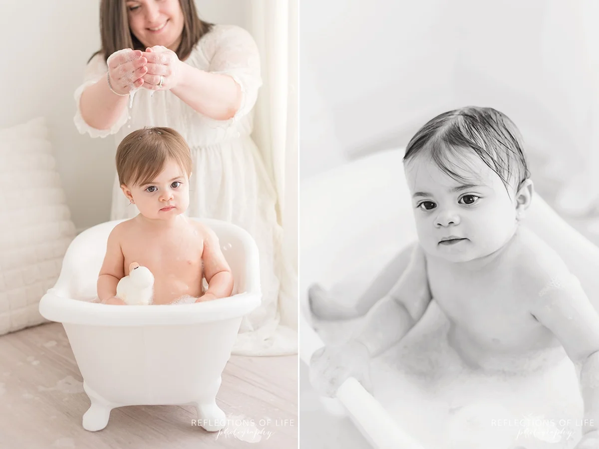 two photos of mama dumping water on baby's head and her all wet in black and white