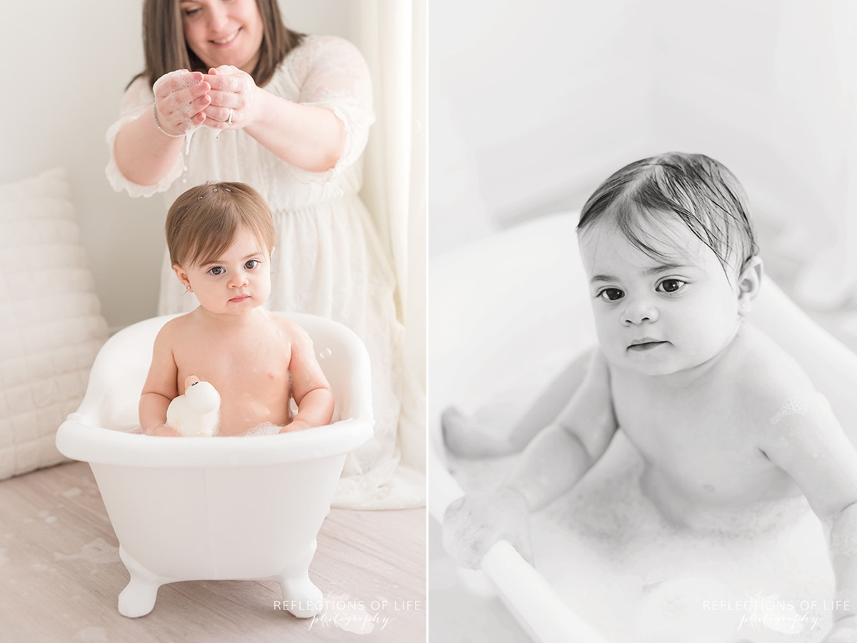 two photos of mama dumping water on baby's head and her all wet in black and white