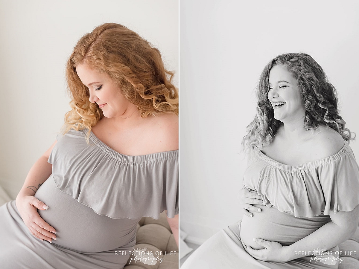 two photos of mama rubbing her belly and giggling in black and white