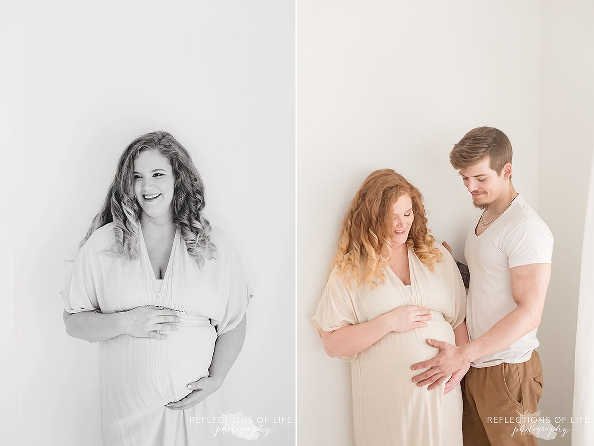 two photos of mama holding her bump than dad holding her bump in black and white