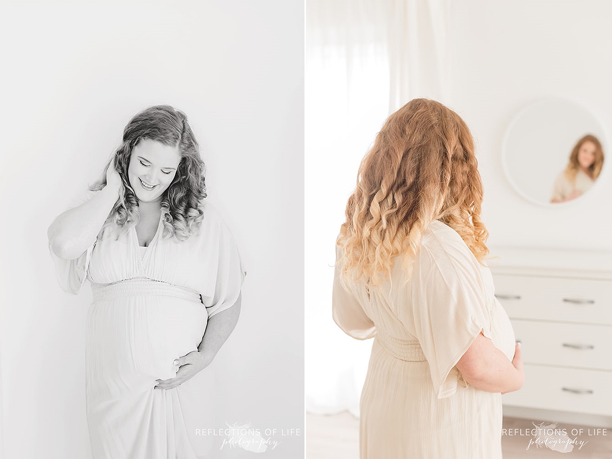 two photos of mama smiling at her bump and her looking in the mirror in black and white