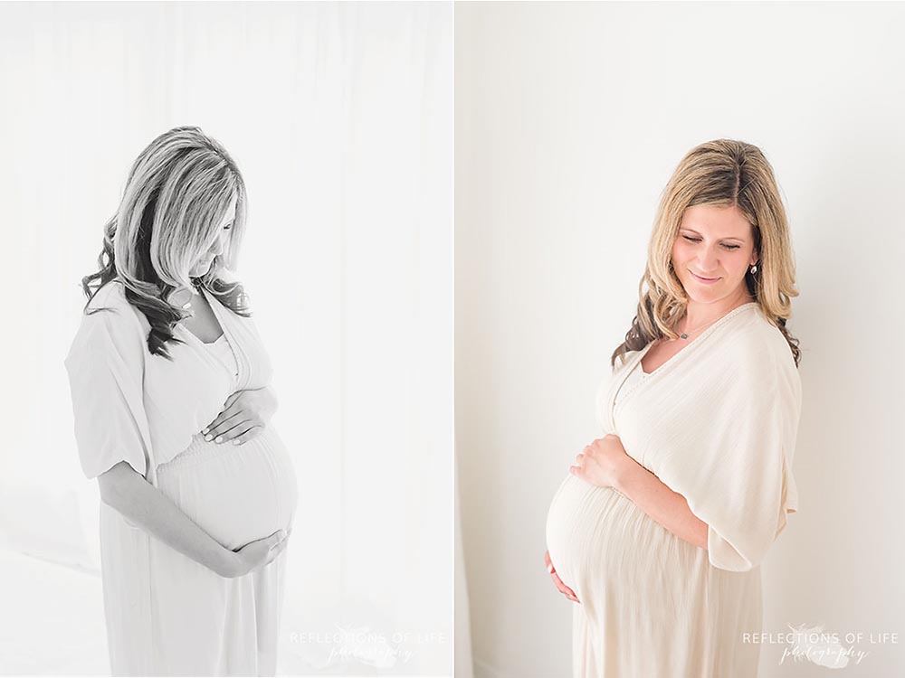 Expecting mom dressed in cream flowy gown from Forever 21