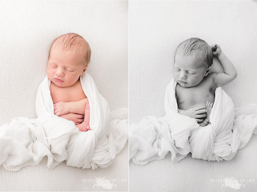 Baby boy swaddled in white muslin blanket