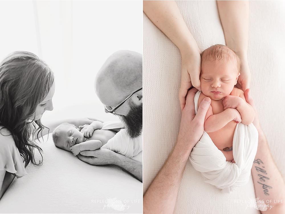 Newborn in swaddle blanket white everything