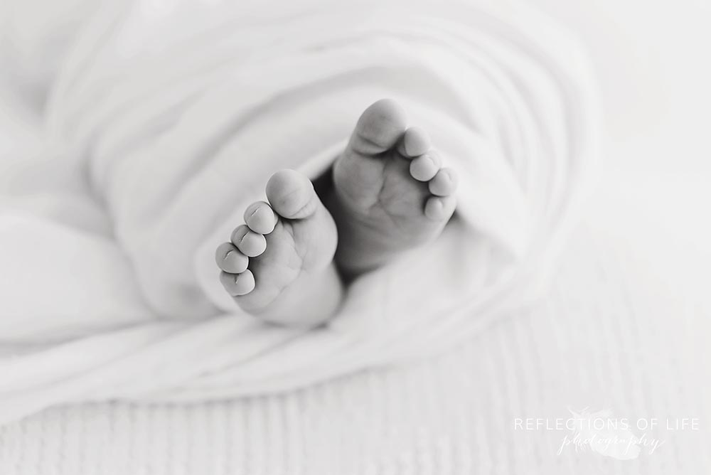 newborn baby photography toes wrapped in swaddle blanket