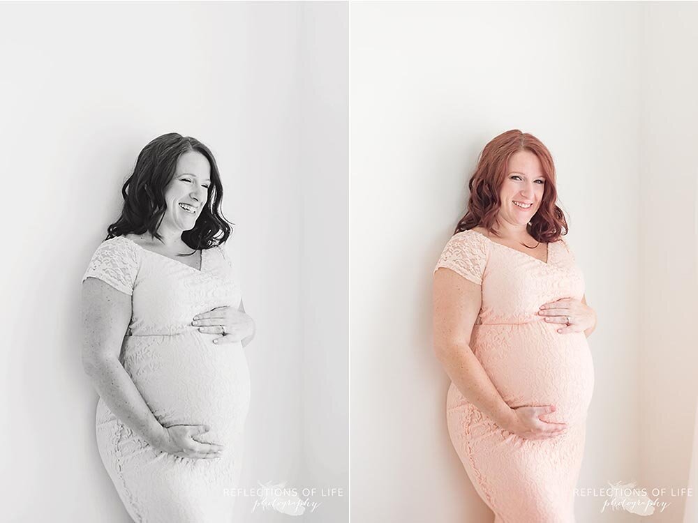 Pregnancy is beautiful redhead in pink dress natural light studio Grimsby
