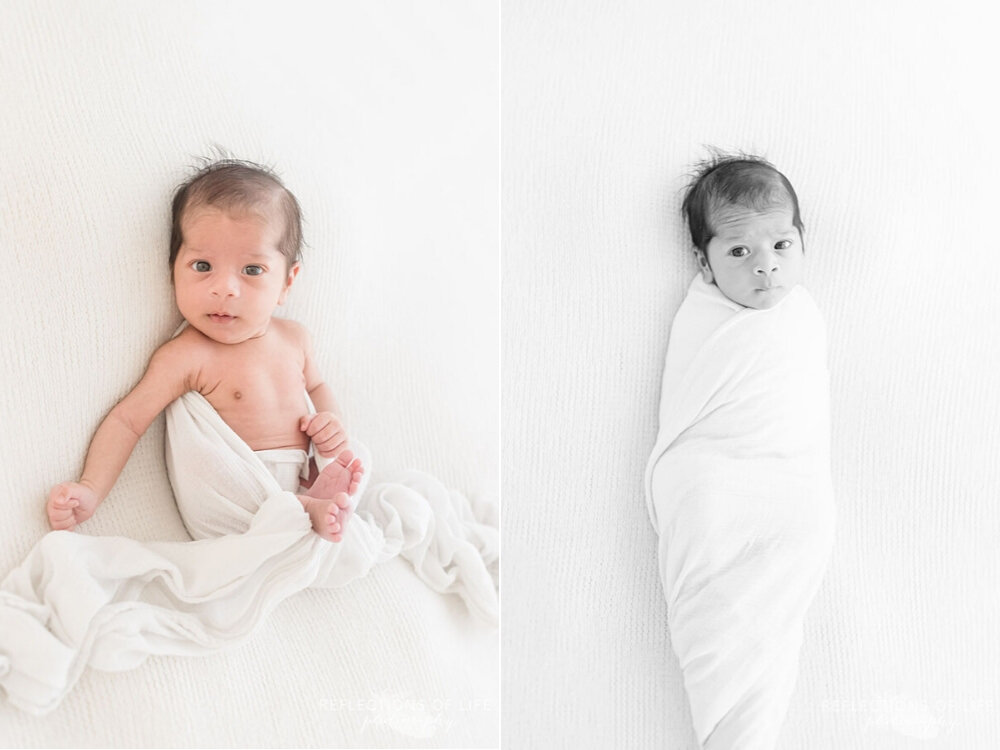 Baby boy wrapped in white in natural light Grimsby Ontario Canada