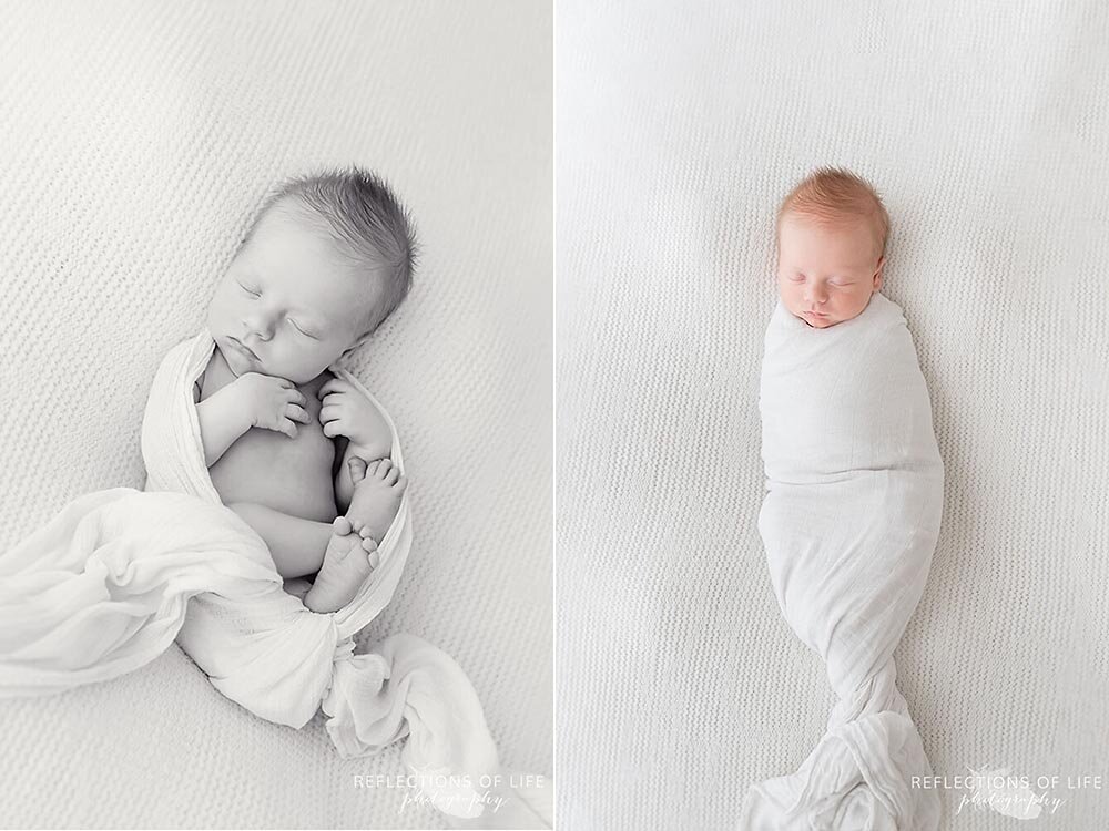 Newborn baby boy in white swaddle blanket Burlington Ontario Canada