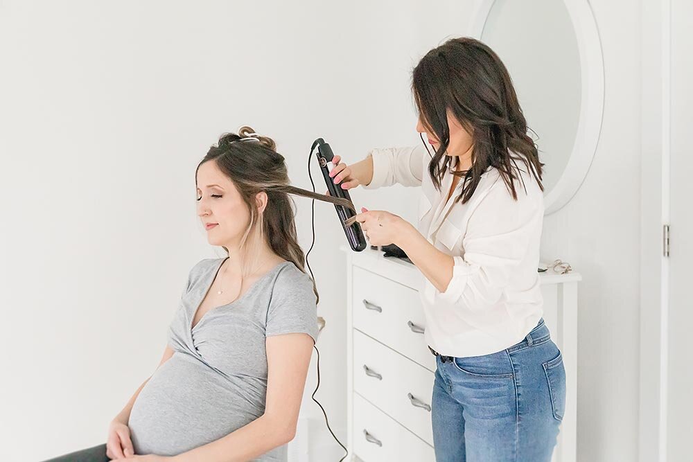 Niagara Hair stylist does pregnant mamas half updo at Grimsby natural light photo studio (Copy)