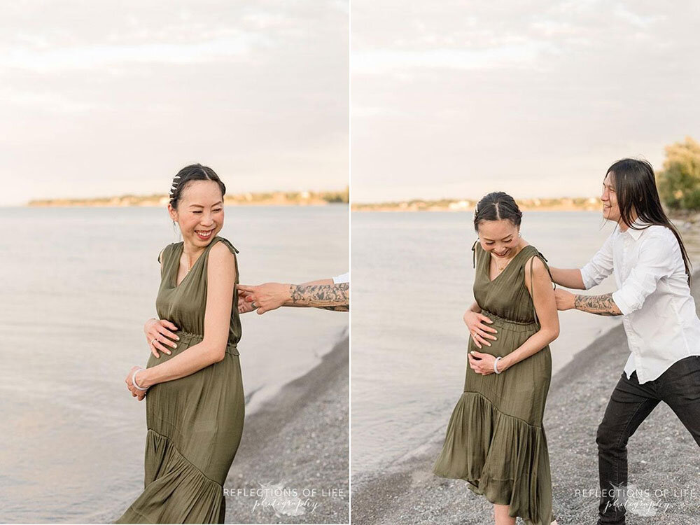 Cute photos of husband tickling his pregnant wife by Lake Ontario Niagara Region Pregnancy Photography