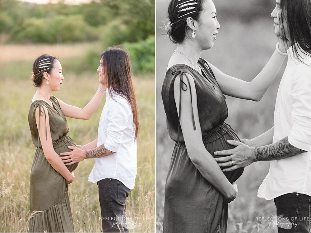 Pregnant mama touches partners face during adorable maternity photography of couples