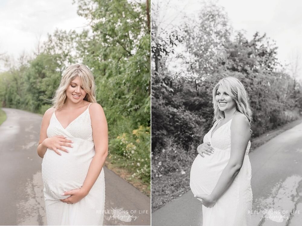 Niagara maternity photography of beautiful mama dressed in white hands on her belly