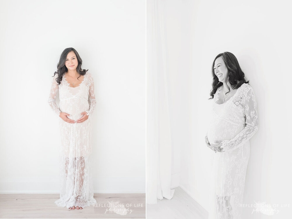 Beautiful pregnancy photography in Niagara Region Ontario pregnant mama in white lace gown white studio
