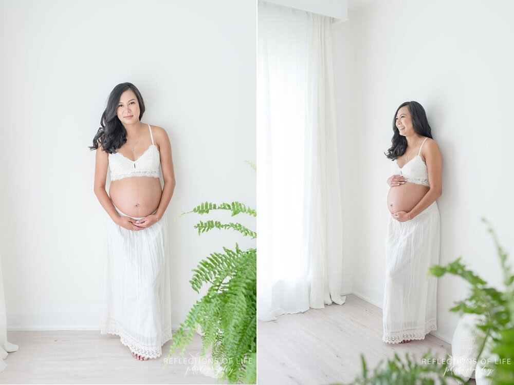 Mama in white bralette and skirt with green fern natural light studio