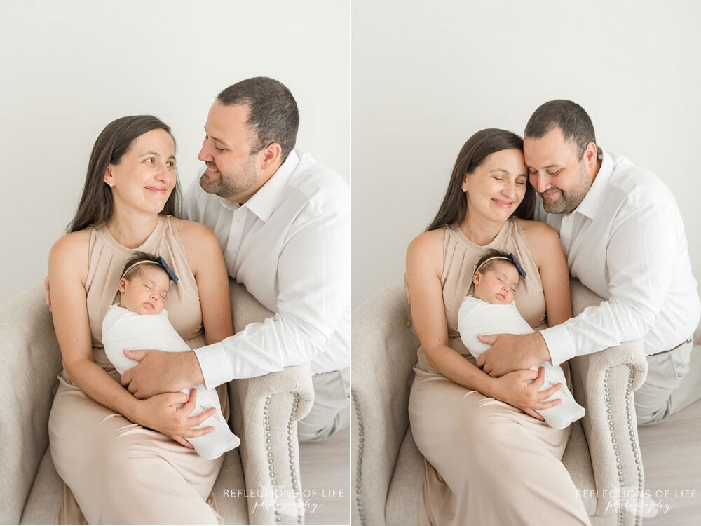 Newborn baby girl with parents Neutral colours family photography Niagara Ontario