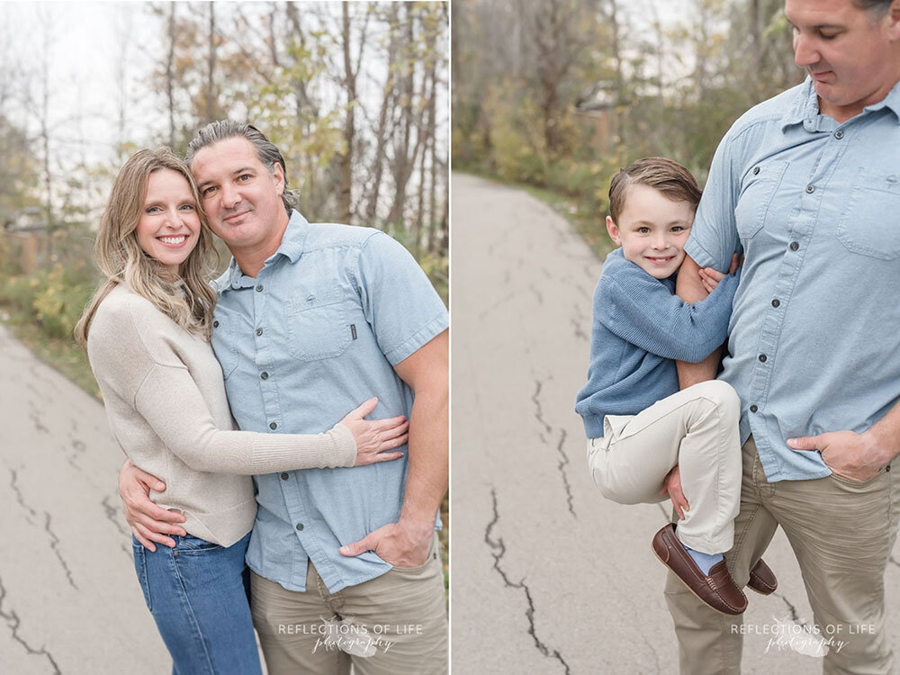Photos of mom and dad and son hugging dad's leg during family photoshoot at Casablanca Beach in Grimsby