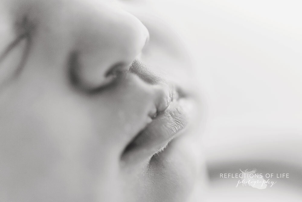Adorable black and white image of newborn baby lips Niagara newborn photographer