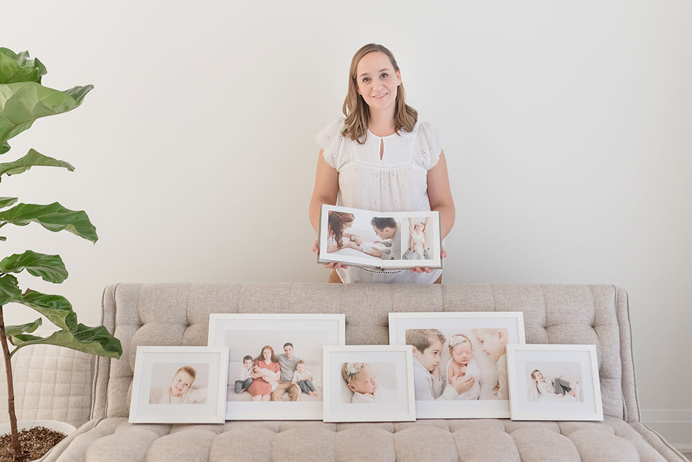 Professional portrait album and custom framed artwork by newborn and family photographer in Grimsby Ontario Canada